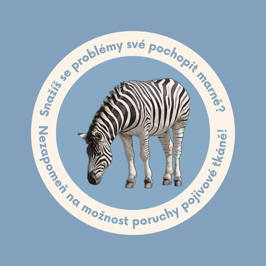 Fotka zebry s nápisem Snažíš se problémy své pochopit marně? Nezapomeň na možnost poruchy pojivové tkáně!