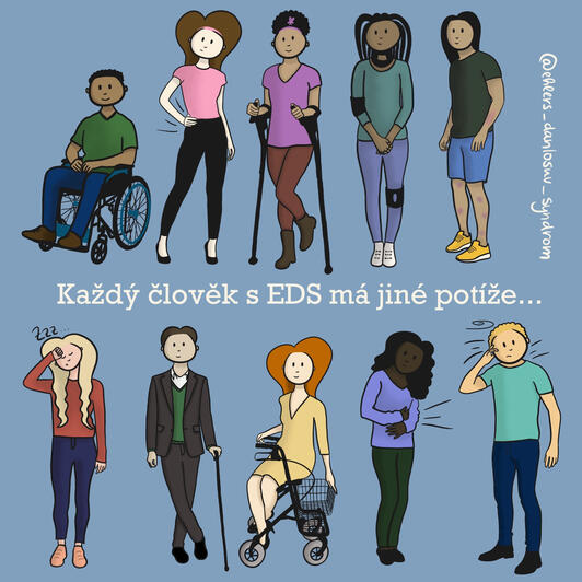 Kresba 10 různých lidí, přičemž každý z nich používá jiné pomůcky a reprezentuje jiné symptomy, s nápisem Každý člověk s EDS má jiné potíže...